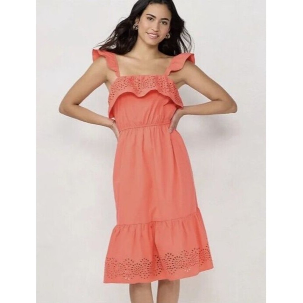 LC Lauren Conrad Dress Womens‎ XS Coral Eyelet Ruffle Tiered Cotton Cottage Core